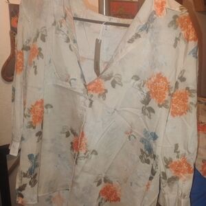 Floral V-Neck Blouse - Cream and Orange